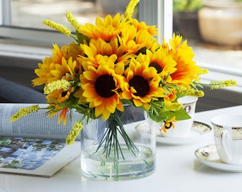 Artificial Silk Yellow Sunflowers Arrangement in Glass Vase with Acrylic Water, Faux Flower Arrangement, Silk Flower Gift, Home Office