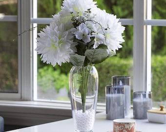 Enova Floral Large Silk Dahlia Flower Arrangement in Clear Glass Vase with Plastic Pearl, Artificial Dahlia with Tall Vase and Faux Pearls