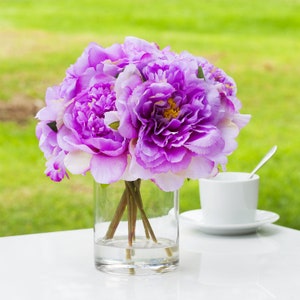 Enova Floral Silk Peony Artificial Flower Arrangement in Clear Glass Vase with Faux Water Fake Bouquet Centerpiece For Home Wedding Decor image 9