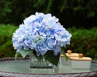 Artificial Silk Hydrangea Flower in Glass Vase with Faux Water- Artificial Flower Arrangement- Fake Flower Centerpiece- Faux Hydrangea