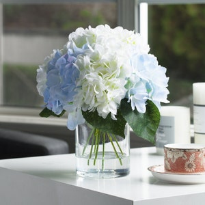 Enova Floral Artificial Flowers Silk Hydrangea Arrangement in Glass Vase With Faux Water Fake Stems Realistic Centerpiece Home Wedding Decor image 1