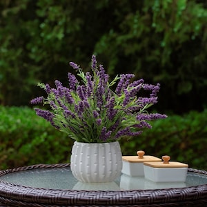 Enova Floral Artificial Lavender Flower Arrangements in White Ceramic Pot with Faux Water Lavender Bush In Pot For Home Decoration