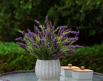 Enova Floral Artificial Lavender Flower Arrangements in White Ceramic Pot with Faux Water Lavender Bush In Pot For Home Decoration