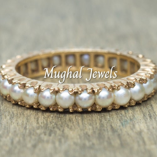 Pearl Eternity Band 14K Gold Engagement Ring Natural Pearl Etsy