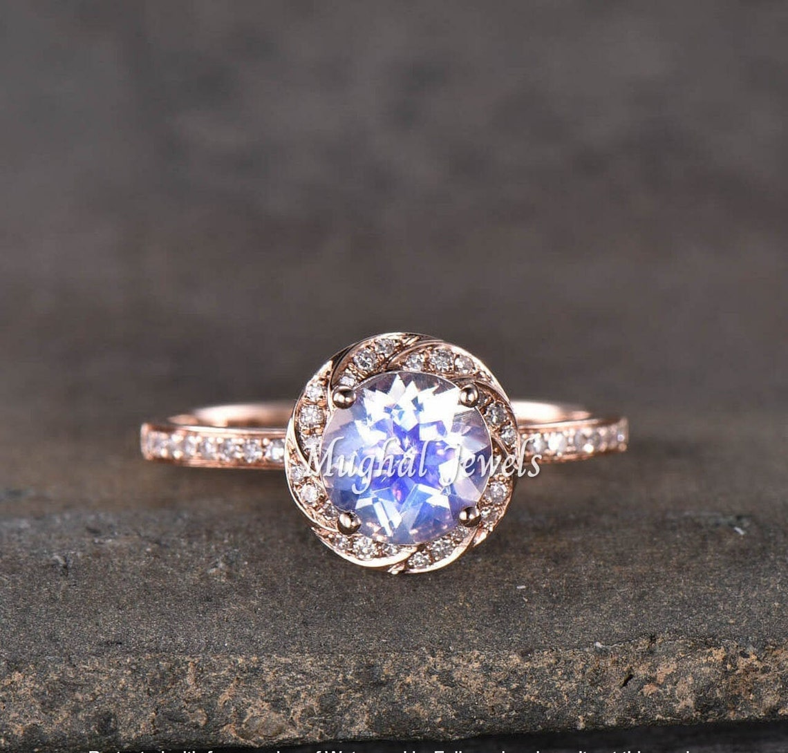 Moonstone Wedding Ring With 14k Rose Gold Finished In