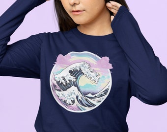 Pastel Vaporwave Classic Unisex Long Sleeve Tee, Japan Aesthetic, Great Wave