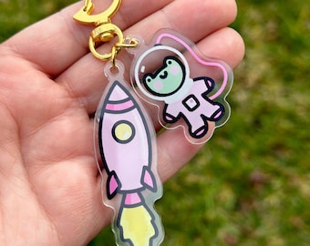 Froggy Astronaut and Rocket Acrylic Keychain, Space Keychain, Kawaii Frog Keychain