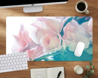 Dreamy Desk Mat Pastel Floral: Girly Gaming Mouse Pad, Cushioned Comfort | Polyester, Non-Slip Rubber Base, Large Size