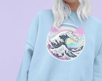 Pastel Great Wave Vaporwave Sweater, Japanese Aesthetic, Kawaii Great Wave, Unisex Sweatshirt