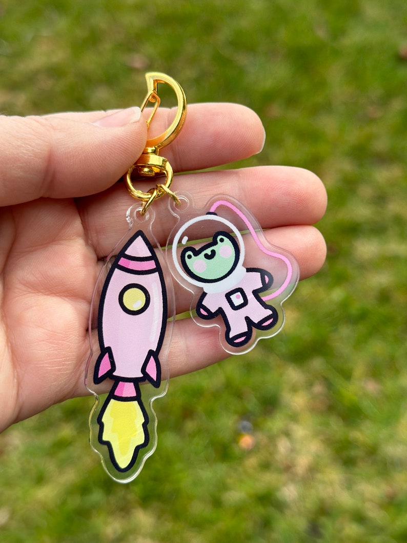 Froggy Astronaut and Rocket Acrylic Keychain, Space Keychain, Kawaii Frog Keychain image 2