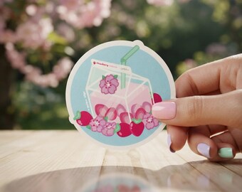 Strawberry Milk Sticker, 2.5-Inch Sakura Vinyl Decal With Cherry Blossoms