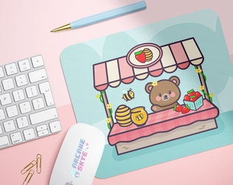 Kawaii Bear Mousepad, Strawberries Mouse Pad, Hand Drawn Art Pastel Aesthetic Desk Decor