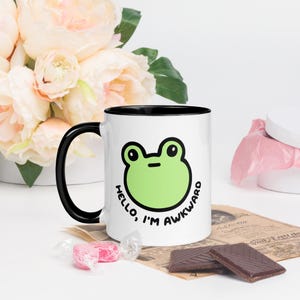 Awkward Frog Mug Ceramic Coffee Cup, Kawaii Frog Face (12oz, Microwave & Dishwasher Safe, Glossy White Body)