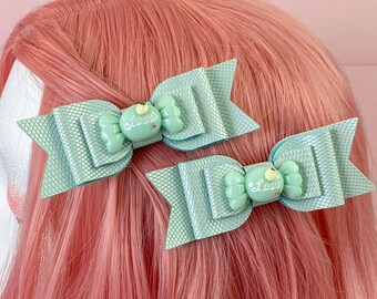 Shimmery Green Bow with Candy Center Pair of Kawaii Lolita Hair Clips