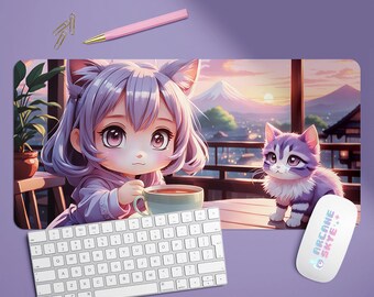 Kawaii Teahouse With Kitten Anime Desk Mat, Mousepad, Card Game Playing Mat 18" X 36"