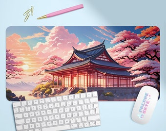 Japanese Temple Sunset Desk Mat, Mousepad, Card Game Playing Mat 18" X 36"