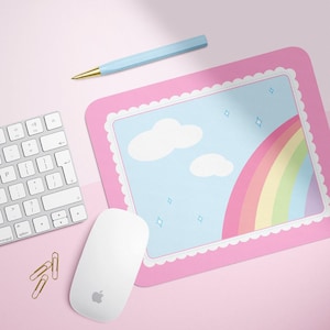 Kawaii Mouse Pad - Girly Desk Setup Pink Pastel Clouds - Cushioned Surface, Non-Slip Rubber, Gaming and Office Use