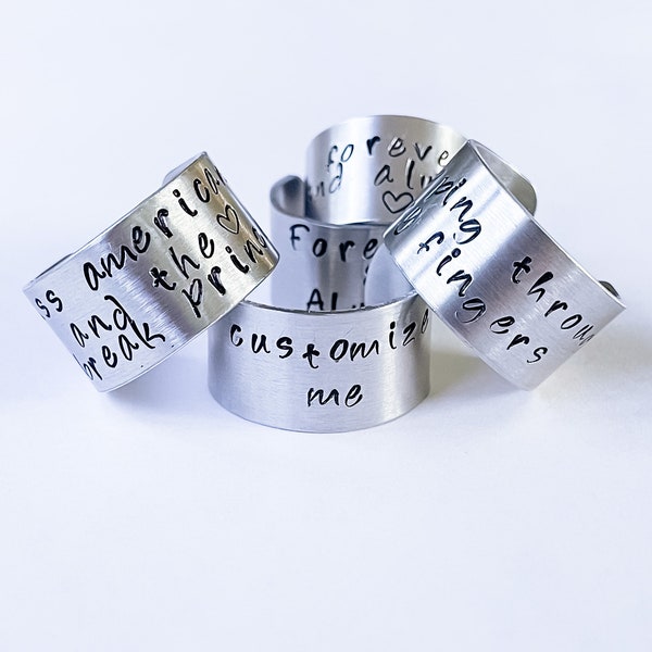 Customizable Chunky Hand Stamped Aluminum Ring | Hand Stamped Adjustable Thick rings