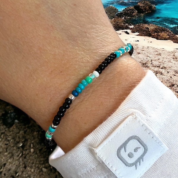 Turquoise & Black Women’s beaded bracelet, Crystal bracelet, Colorful stretchy bead bracelet, Feel good positive energy gift for her