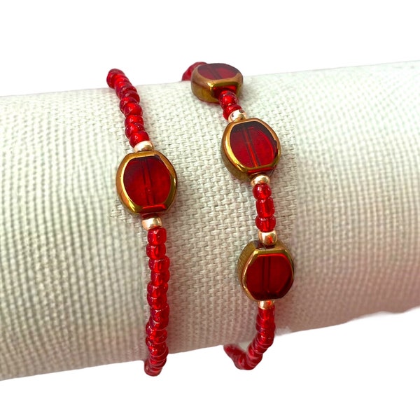 Dark red glass beaded bracelets for women, Minimalist red bracelet, Ruby Red stretch bracelet, Red & gold bracelet stack, Gift for her