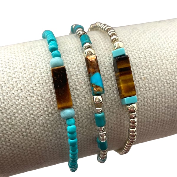 Tigers Eye Natural Stone Stretch Bracelet - Minimalist Healing Yoga Bracelet - Spirutual Protection Gift - Turquoise Boho Bracelet