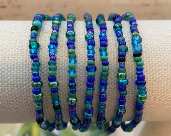 Crystal and Sea Glass Beaded Bracelets for women, blue green stretchy bead bracelet, Beach gift, on sale, vacation jewelry, ocean, tropical