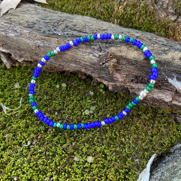 Royal Blue & Dark Forrest Green Beaded Unisex Boho Bracelet • Stretchy beaded bracelet for women, for men • Blue Green Wilderness bracelet