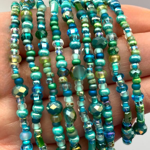 Aquamarine & Teal Sea Glass Crystal Beaded Bracelets for women, Blue green stretch bracelet Sustainable gift for her Beach Sea Glass Jewelry