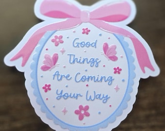 Pegatina "Te esperan cosas buenas" / Calcomanía con mariposas, flores y lazos en tonos pastel