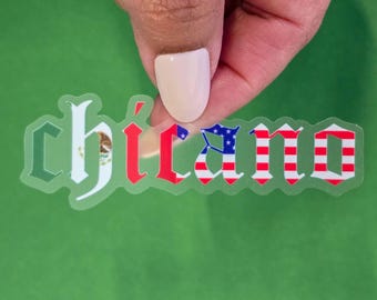 Chicano Pride Sticker: Mexican American Flag, Old English Font (3x1 Clear Vinyl)