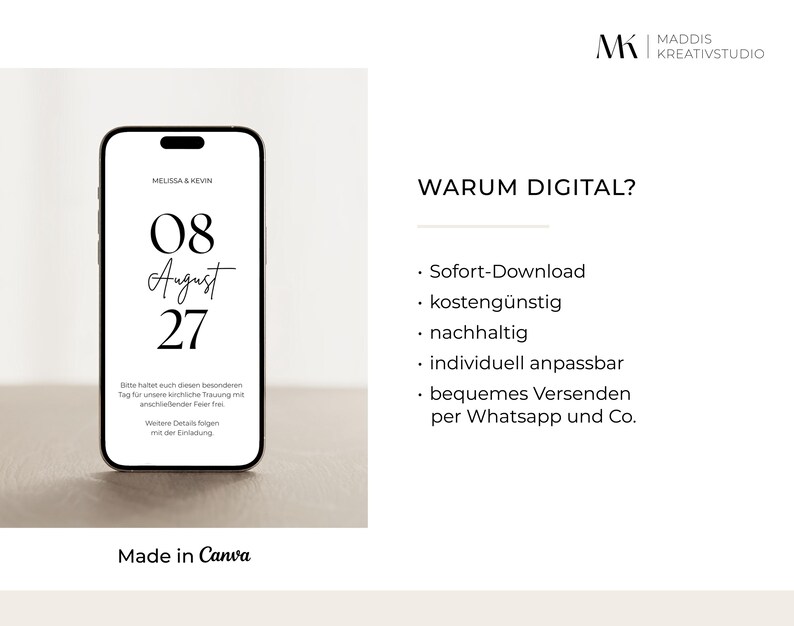 Save the Date-kaart Bruiloft digitaal Canva-sjabloon aanpasbaar bewerkbaar Direct downloaden Online uitnodiging WhatsApp E-card Aankondiging afbeelding 3