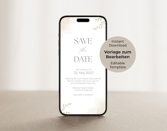 Hochzeit Save the Date digitale Einladungskarte Canva Vorlage editierbar personalisiert Sofort Download Online WhatsApp Ecard Ankündigung