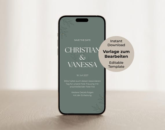 Hochzeitseinladung digital Canva Vorlage Save the Date Karte personalisierbar editierbar Sofort Download Online WhatsApp Ecard Ankündigung