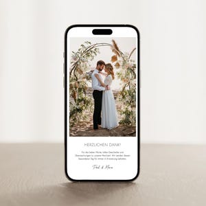 Digitale Dankeskarte mit Foto | Danksagung für Hochzeit |  Handy-Vorlage für WhatsApp zum Download | Personalisierbar | Minimalistisch