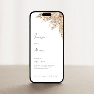 Digitale Save the Date Karte Pampasgras | Handy-Vorlage für Hochzeitseinladung | Minimalistisch & Elegant | WhatsApp Einladung zum Download