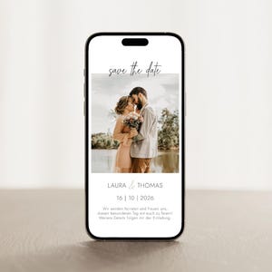 Digitale Save the Date kaart met foto | Mobiele telefoon sjabloon voor huwelijksuitnodiging | Minimalistisch & Elegant | WhatsApp-uitnodiging om te downloaden