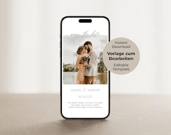 Digitale Save the Date-kaart voor bruiloften, Canva-sjabloon, aanpasbaar, bewerkbaar, direct te downloaden, WhatsApp Online E-card, uitnodigingsaankondiging
