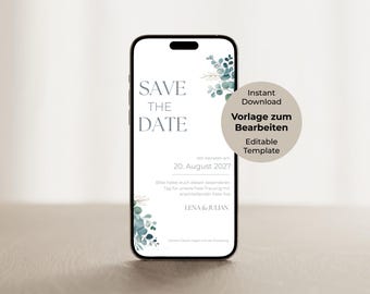 Digitale Save the Date-kaart Bruiloft Canva-sjabloon Bewerkbare gepersonaliseerde uitnodigingskaart Direct downloaden WhatsApp Online E-card