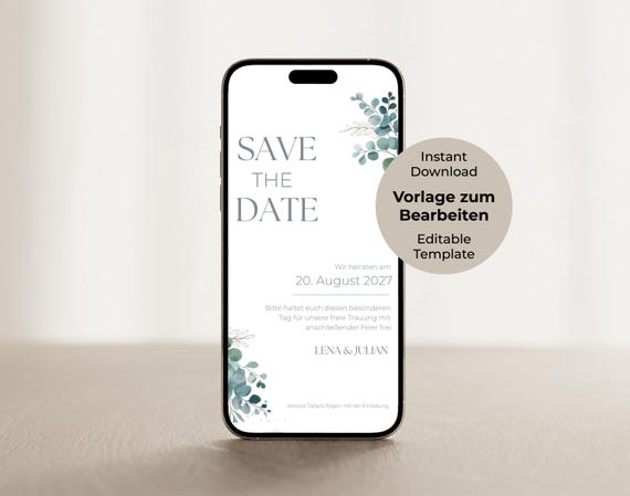 Digitale Save the Date Karte Hochzeit Canva Vorlage editierbar personalisierte Einladungskarte Sofort Download WhatsApp Online Ecard
