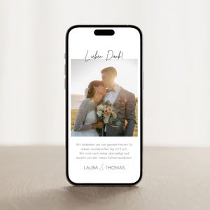 Digitale Dankeskarte mit Foto | Danksagung für Hochzeit |  Handy-Vorlage für WhatsApp zum Download | Personalisierbar | Minimalistisch