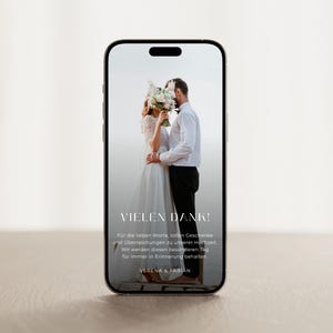 Digitale Dankeskarte mit Foto | Danksagung für Hochzeit |  Handy-Vorlage für WhatsApp zum Download | Personalisierbar | Minimalistisch