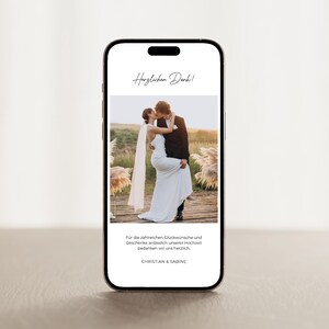 Digitale Dankeskarte mit Foto | Danksagung für Hochzeit |  Handy-Vorlage für WhatsApp zum Download | Personalisierbar | Minimalistisch