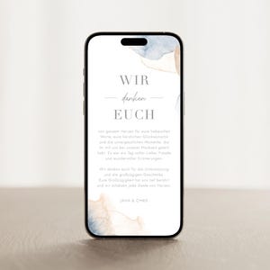 Digitale Dankeskarte Aquarell | Danksagung für Hochzeit |  Handy-Vorlage für WhatsApp zum Download | Personalisierbar | Minimalistisch