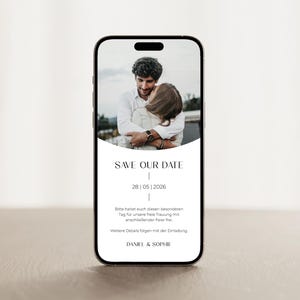Digitale Save the Date Karte mit Foto | Handy-Vorlage für Hochzeitseinladung | Minimalistisch & Elegant | WhatsApp Einladung zum Download