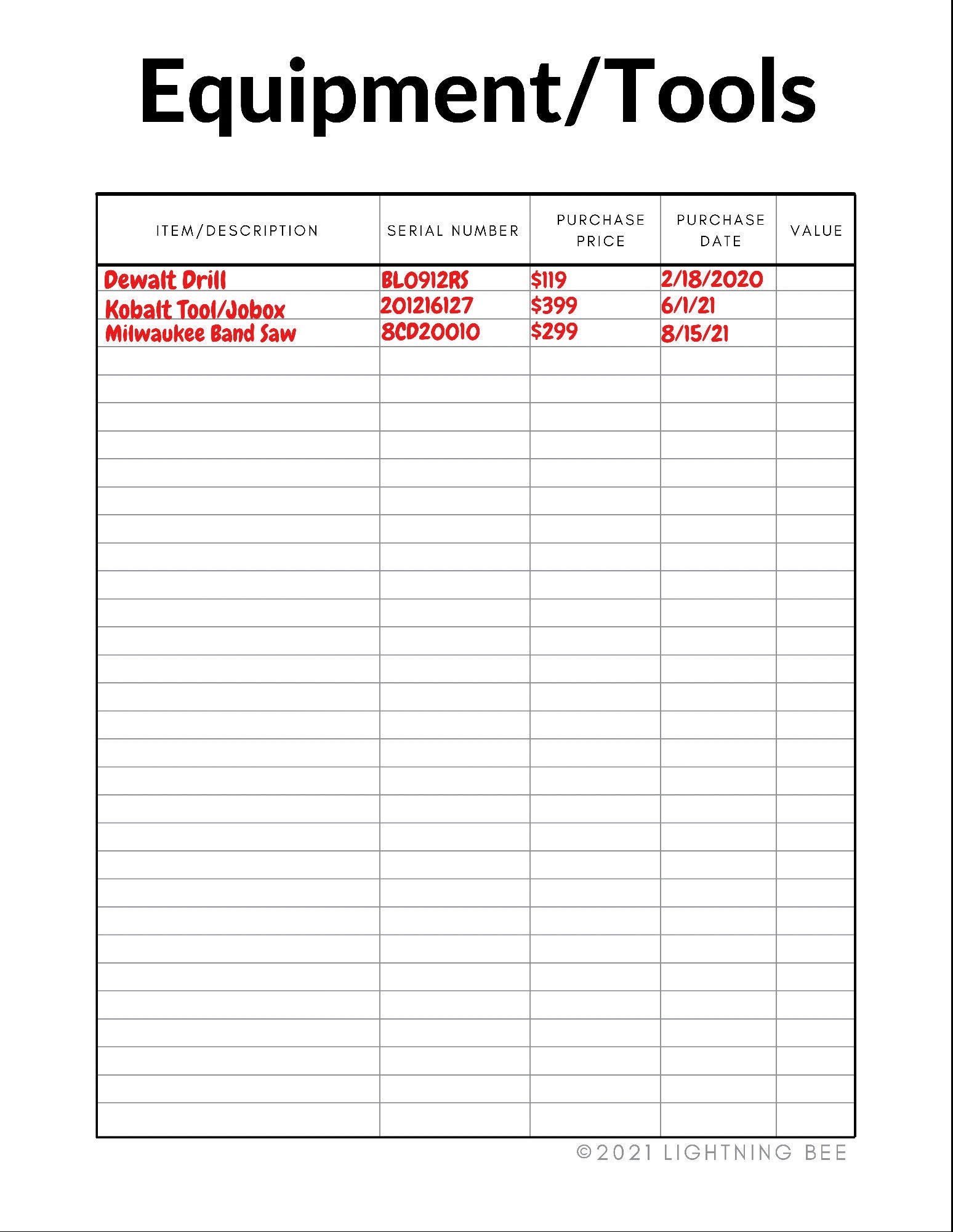 Tool List Template Printable Tool List Template Printable