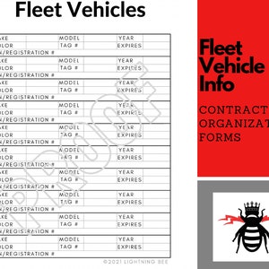 Puede incluir: Una ilustración en blanco y negro de una abeja con una corona en la cabeza y rayos en sus alas. El texto "Fleet Vehicle Info" está en texto negro sobre un fondo rojo. El texto "Contractor Organization Forms" está en texto negro sobre un fondo blanco. El texto "Fleet Vehicles" está en texto negro sobre un fondo blanco. El texto "Make, Color, VIN/Registration #, Model, Tag #, Year, Expires" está en texto negro sobre un fondo blanco. El texto "©2021 Lightning Bee" está en texto negro sobre un fondo blanco.