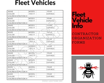 May include: A black and white illustration of a bee with a crown on its head and lightning bolts on its wings. The text "Fleet Vehicle Info" is in black text on a red background. The text "Contractor Organization Forms" is in black text on a white background. The text "Fleet Vehicles" is in black text on a white background. The text "Make, Color, VIN/Registration #, Model, Tag #, Year, Expires" is in black text on a white background. The text "©2021 Lightning Bee" is in black text on a white background.