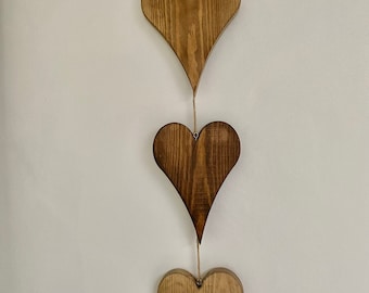 chunky wooden heart decoration, 3 wooden hearts, 3 pine hearts, hanging hearts decoration, oak stained wooden hearts, set of 3 hearts,