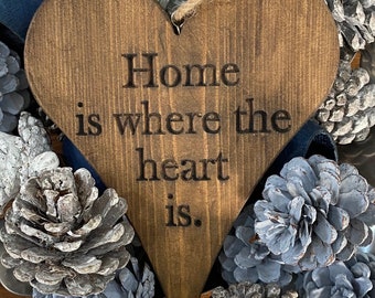 Home is where the heart is chunky hanging heart, wooden heart with text, wooden heart with message, new home heart gift, housewarming gift