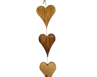 chunky wooden heart decoration, 3 wooden hearts, 3 pine hearts, hanging hearts decoration, oak stained wooden hearts, set of 3 hearts,